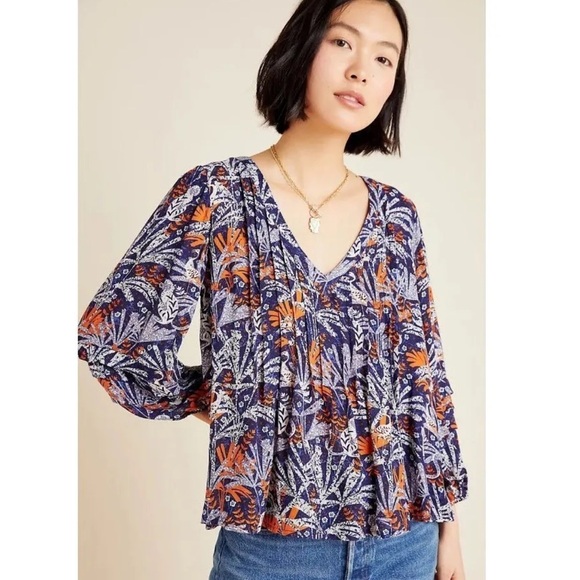 ANTHROPOLOGIE Maeve Cathy Pleated Blue Jungle Top Medium - Picture 2 of 11